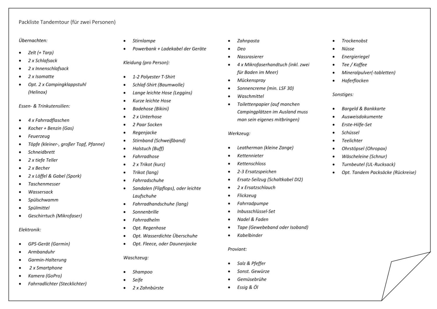 Packliste Tandemtour