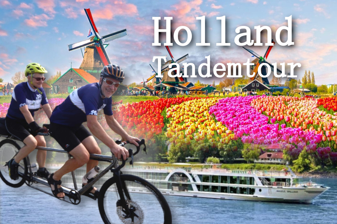 tandem pair rides along blooming tulip fields and windmills. Meanwhile the river cruise ship accompanies the tandem riders